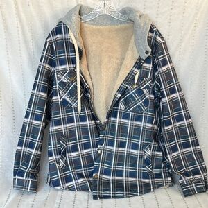 Blue plaid snap up hoodie.